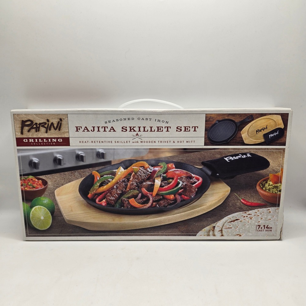 Parini Fajita Skillet Set Unisex Black Cast Iron 3pc Grilling Set New In Box
